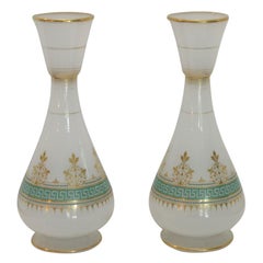 Antique Matched Pair 19th Century French Opal Vases w/ Green Enamel & Gilt Decoration