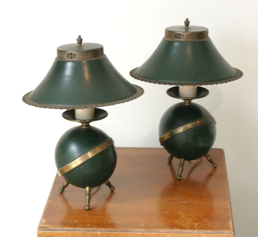A  Pair of Green Tole Sphere Lamps
