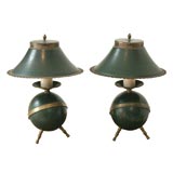 A  Pair of Green Tole Sphere Lamps