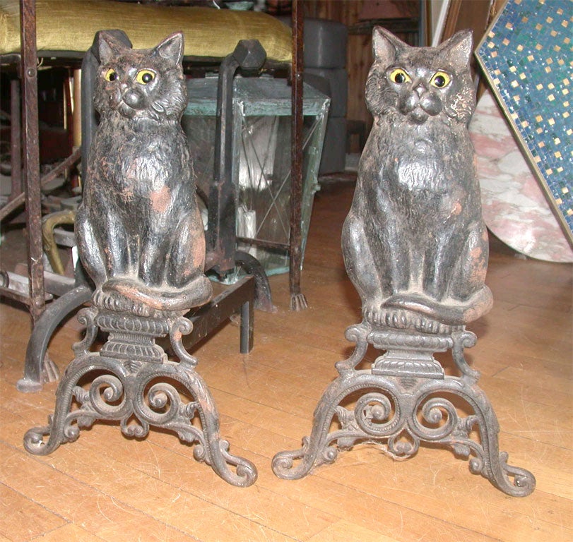 Pair of Cat Andirons with glass eyes - Watermill Location