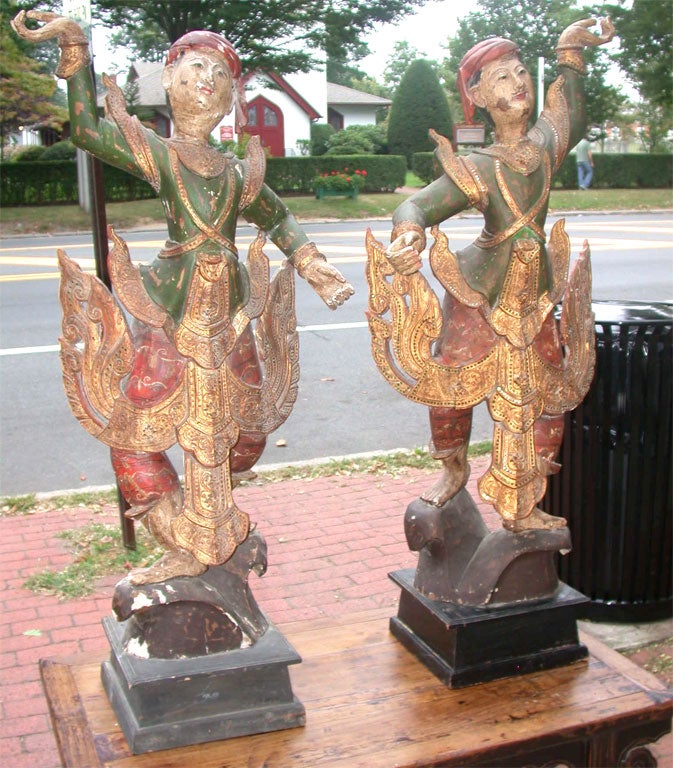 Carved Pair of Balinese Polychromed Temple Dancers