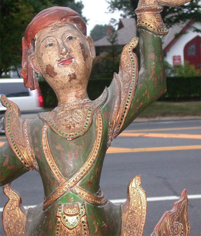 19th Century Pair of Balinese Polychromed Temple Dancers