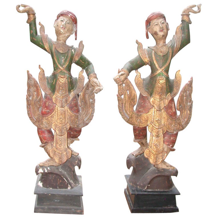 Pair of Balinese Polychromed Temple Dancers