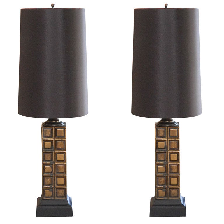 Pair of Vintage Brass Chess Board Lamps For Sale