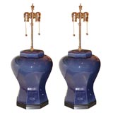 LARGE PAIR OF BLUE CERAMIC LAMPS