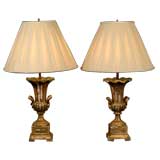 Pair of 19th C Guiltwood Wooden Urns as Lamps