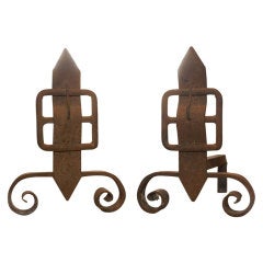 Pair of chic patinated steel belt buckle andirons 6