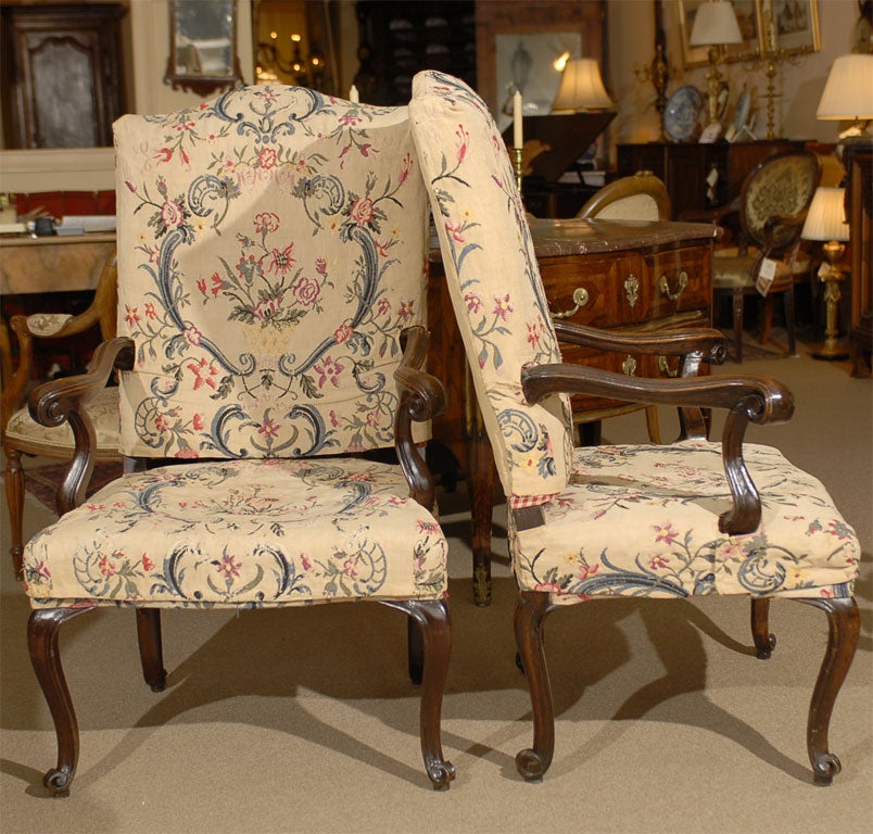 Upholstery Pair of Rococo Fauteuils / Armchairs in Walnut, Italy, circa 1750 For Sale