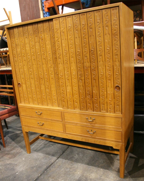 Rare Early Oak Carved China Cabinet by Hans Wegner