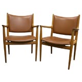 Pair of Oak and Leather Armchairs by Hans Wegner