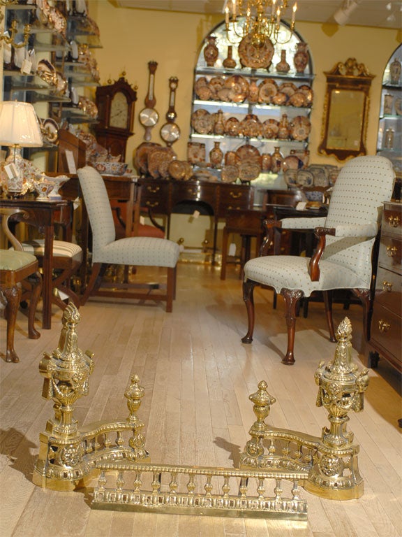 Pair of 19th Century Brass Chenets and Fender