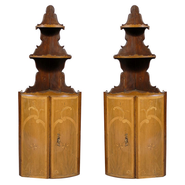 Pair of Large Inlaid Hanging Corner Cupboards in Walnut, France, circa 1790