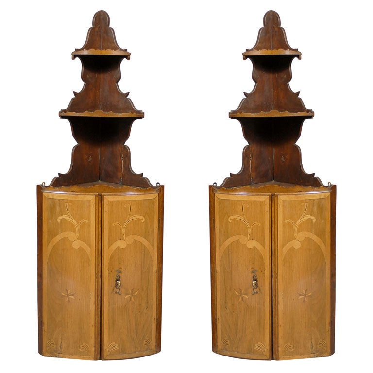 Pair of Large Inlaid Hanging Corner Cupboards in Walnut, France, circa 1790 For Sale