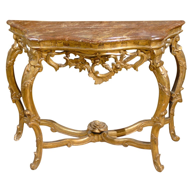 Italian Gilt-Wood Rococo Style Console with Faux Marble Top, c. 1840