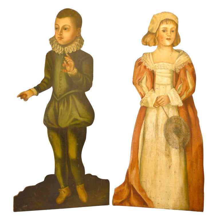 Pair of English 1860s Painted Dummy Boards of Boy and Girl in English Costumes