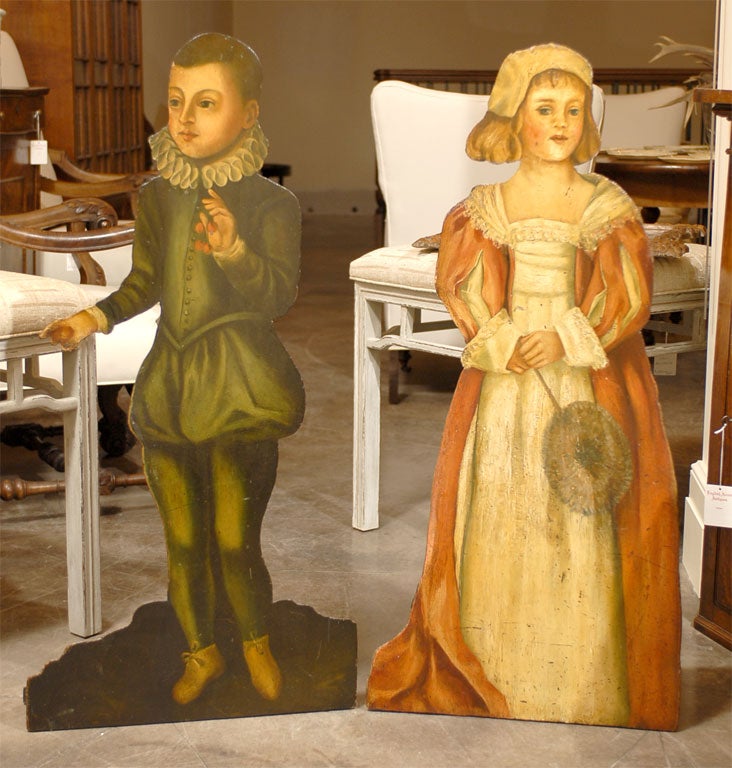 Pair of English 1860s Painted Dummy Boards of Boy and Girl in English Costumes