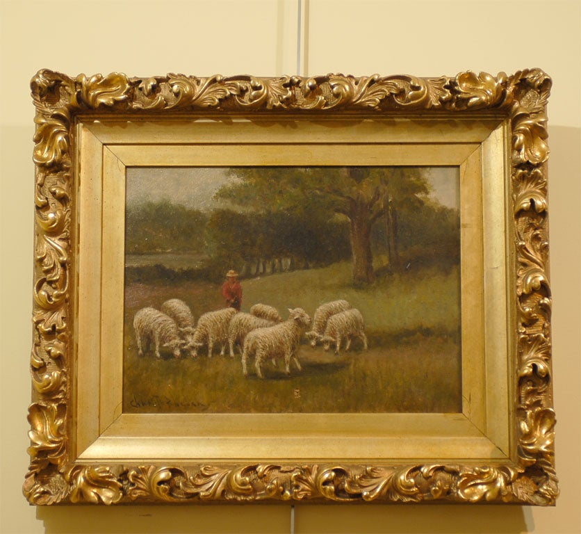 Oil Painting of Shepherd and sheep signed by Charles Phelan.In period gold leaf frame.has been cleaned.