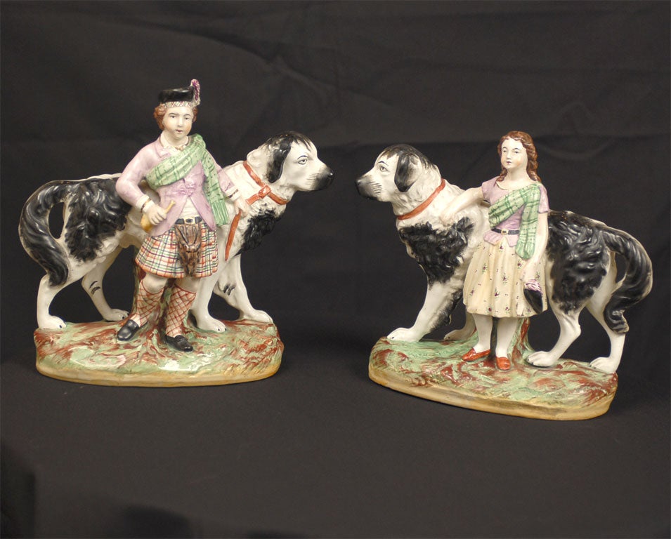 Rare Pair Staffordshire Royal children with Newfoundland dogs