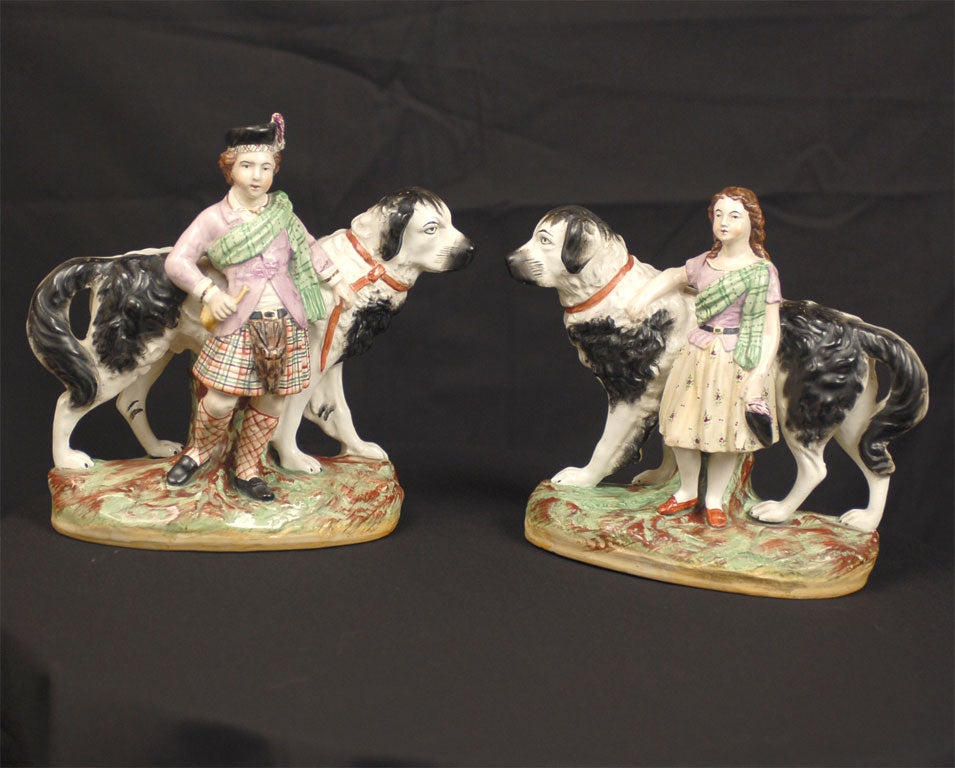 Pair Staffordshire Royal Children and Newfoundland dogs