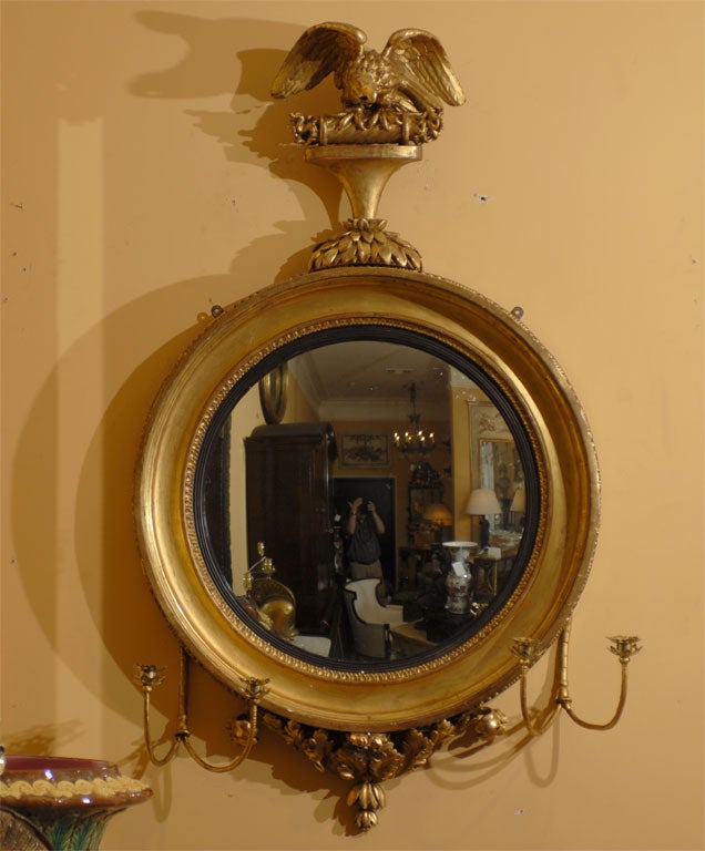 19thC ENGLISH BULL'S EYE MIRROR WITH GIRANDOLES & EAGLE DETAIL