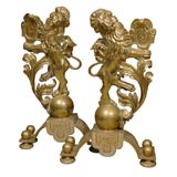 PAIR OF LARGE ENGLISH BRASS LION ANDIRONS