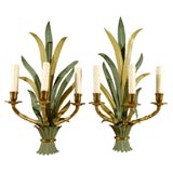 PAIR OF BAGUES 3 ARM GREEN METAL SCONCES