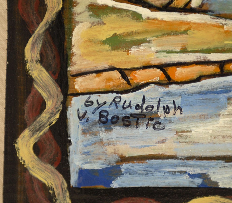 A folk art painting by Savannah artist Rudolph Valentino Bostic. Bostic is a self-taught artist from Savannah, Georgia who works on cardboard often using house paints or acrylics or enamels. Bostic's inspiration comes from many sources including the