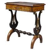 Empire Writing Table In Walnut w/Lyre Pedestals & Leather Top