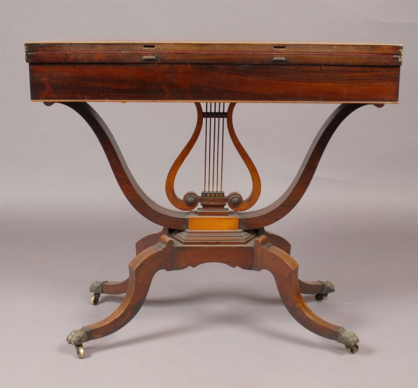 Regency Game table in Inlaid Rosewood and Lyre Pedestal, c. 1820 6
