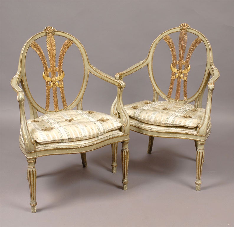 Pair George III Style Gilt and Painted Arm Chairs, c. 1890