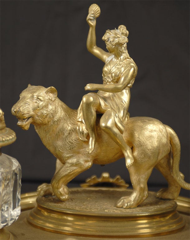 Napoleon III Period Gilt-Bronze and Crystal Inkwell Set, circa 1870 In Fair Condition For Sale In Atlanta, GA