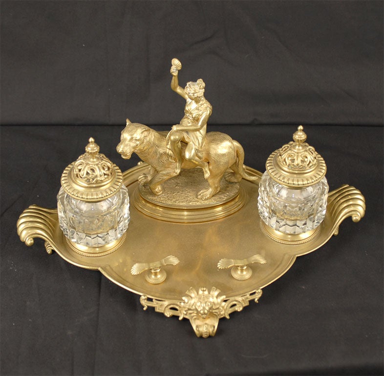 19th Century Napoleon III Period Gilt-Bronze and Crystal Inkwell Set, circa 1870 For Sale