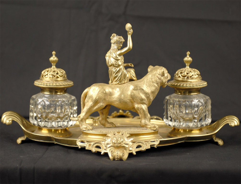 Napoleon III Period Gilt-Bronze and Crystal Inkwell Set, circa 1870 For Sale 4