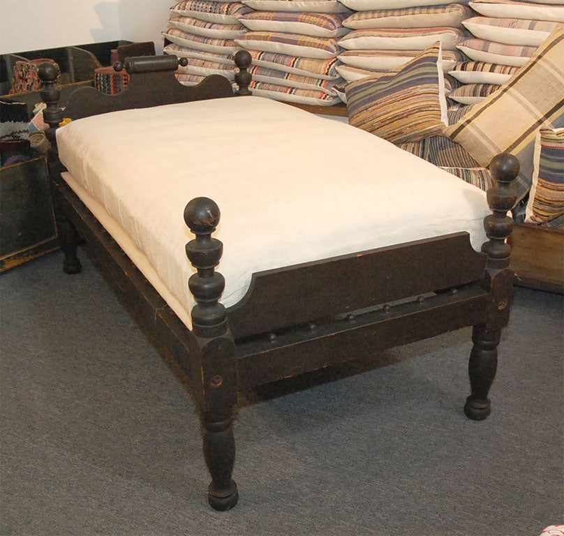 19THC ORIGINAL BROWN PAINTED TWIN BED FROM PENNSYLVANIA WITH CUSTOM MADE MATTRESS-DOWN AND FEATHER FILLED WITH HOMESPUN LINEN COVER.GREAT FORM AND CONDITION.