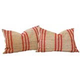 Antique 19THC RAG RUG PILLOWS W/ LARGE RED STRIPES