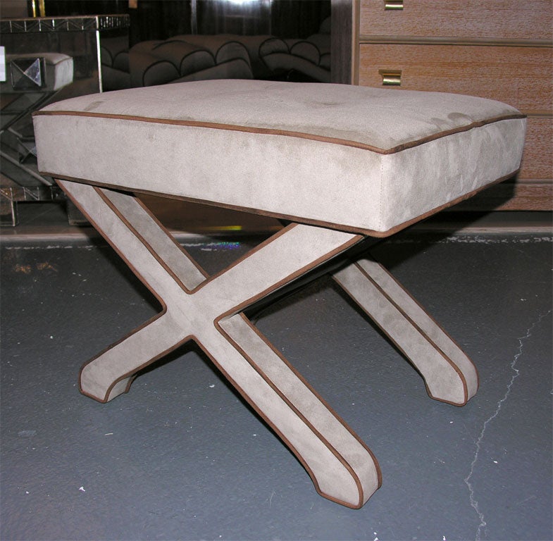 Pair of X Base Benches in Taupe Ultrasuede with Brown Piping