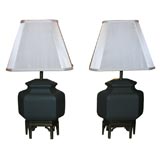Pair of Opaque Teal Glass Lamps on Brass Bases