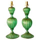 Pair of emerald green  and gold dust glass murano table lamps.