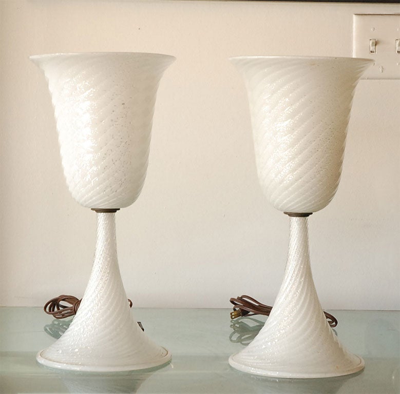 Pair of white and silver dust glass murano torchiere table lamps