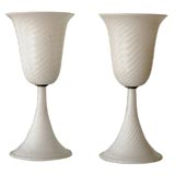 Pair of white and silver dust glass murano torchiere table lamps