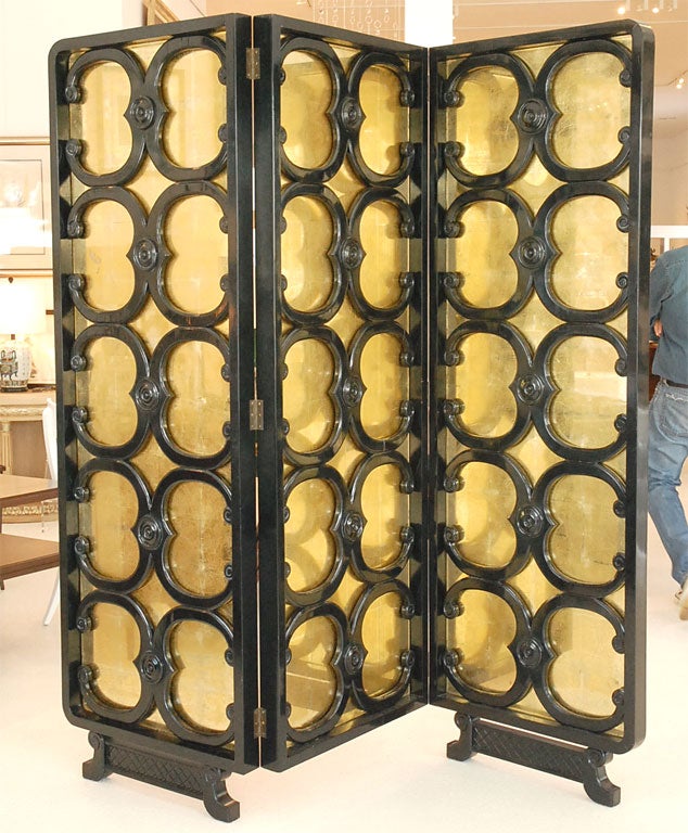 Black Lacquer and Gold Eglomise Folding Screen Signed Jansen