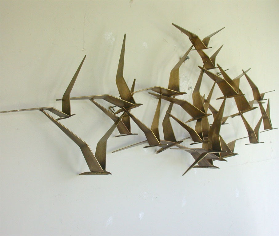 Rhythmical wall sculpture of sea gulls in flight, in brass, by Jere'