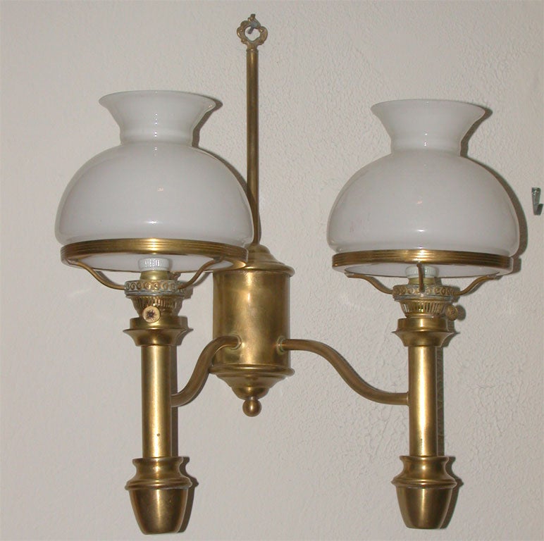 French Pair of Brass Sconces with White Glass Shades