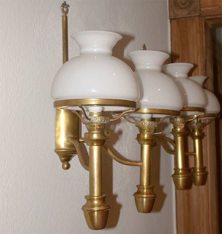 Pair of Brass Sconces with White Glass Shades In Good Condition In Bridgehampton, NY