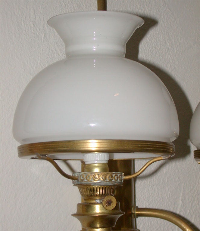 Mid-20th Century Pair of Brass Sconces with White Glass Shades
