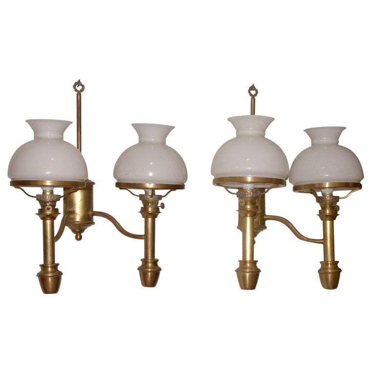 Pair of Brass Sconces with White Glass Shades