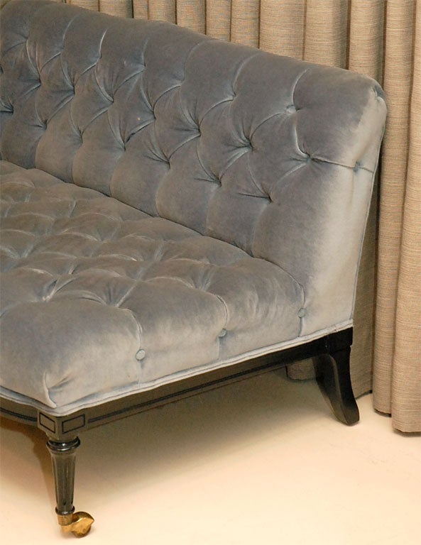 Pair Of Vintage Blue Velvet Tufted Settees 2