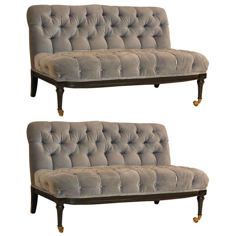 Pair Of Vintage Blue Velvet Tufted Settees