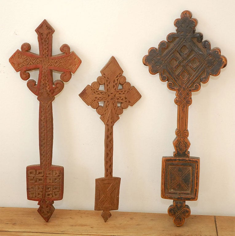 3 Old Ethopian Carved Wooden Crosses