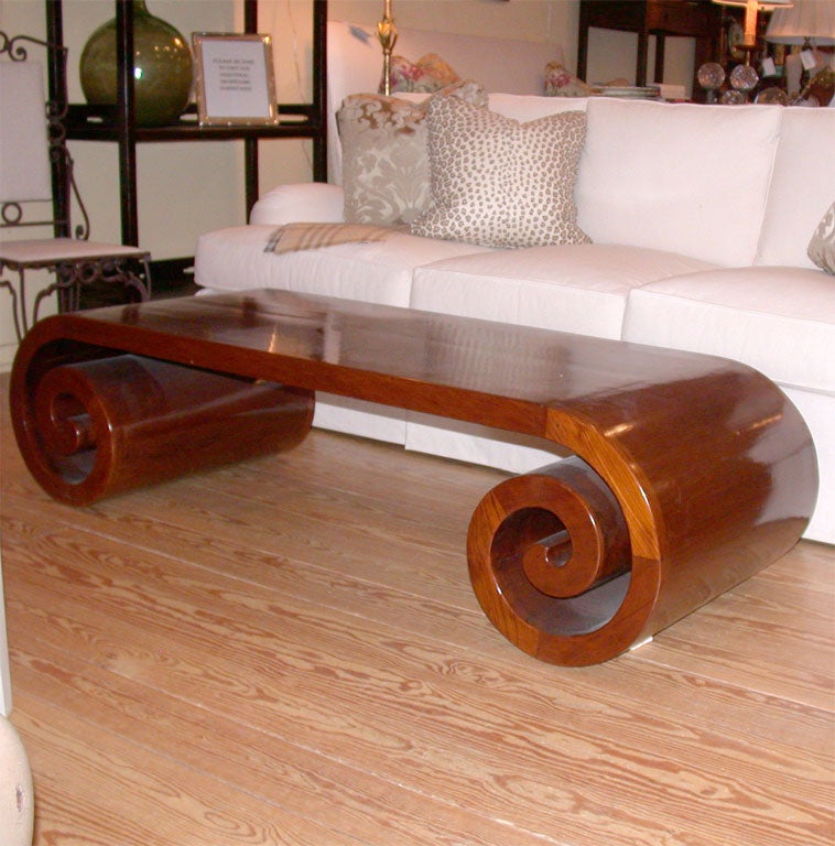 Chinese Walnut Coffee Table with Elegant and Strinking Scrolled Ends, China Circa 1920, Very elegant in front of a Sofa.
